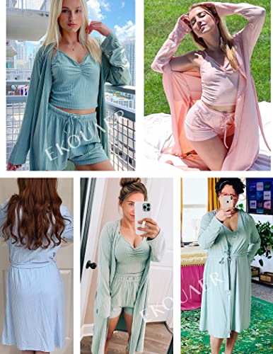 Ekouaer 3 Piece Lounge Sets For Women Cami Shorts Pajama Set With Belted Robe Matching Loungewear Light Blue #TOP2