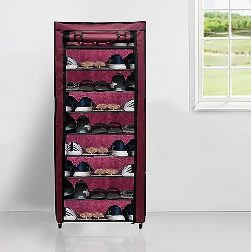 Image of Multi Utility 9 Layer Shelf Collapsible Metal Pipes with Non-Woven 100GSM Fabric Cover for Shoe /Cloth /Toy /Books Rack (Maroon, Metal)