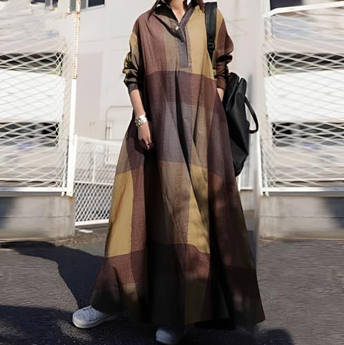 Womens Cotton Linen Plaid Long Sleeve Maxi Shirt Dress Lightweight Oversize Casual Loose Long Dresses with Pockets2
