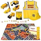 Lolo Toys 20-Piece Construction Truck & Road Play Mat Set: Toy Construction Vehicles & Costume with Hat for Boys & Girls, Includes 5 Small Metal Diecast Vehicle Toys & Search Game