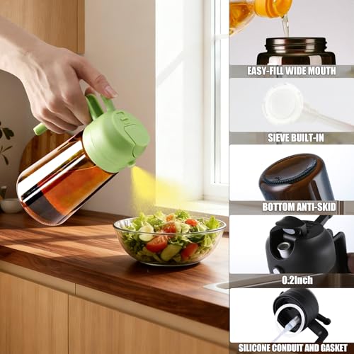 Image of Olive Oil Sprayer & Dispenser Bottle for Cooking 16oz Dark Glass Oil Mister | 2-in-1 Oil Sprayer & Pourer, Fine mist, Light-Blocking, Wide Mouth for Easy Refill & Clean, 8 Oil Labels, Reusable
