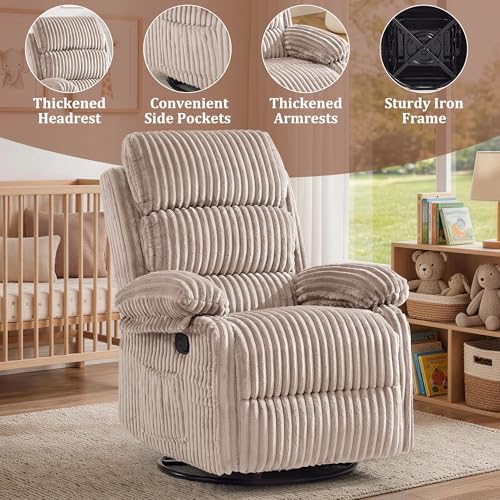 Image of Korser Rocking Recliner Chair, Nursery Rocker Chair for Adults, Small Recliners for Small Spaces, Swivel Rocker Recliner with Cushion, Upholstered Rocking Chairs for Living Room, RV, Corduroy