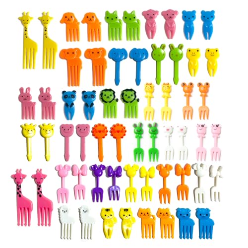 60 Stück Obstgabeln, Mini Cartoon Bento Obstgabeln Fingerfood Picks Dessertgabeln 3D Wiederverwendbar Obst Zahnstocher Gabel Gebäck Gabeln für Lunch-Box Nachmittagstee Geburtstagsfeier(Farbe zufällig)