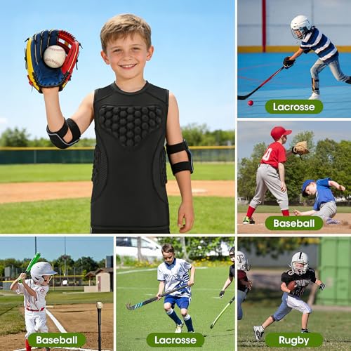 Youth Baseball Chest Protector, Heart Sternum Rib Guard Padded Compression Shirt with 3 PCS EVA Pads for Softball Football Baseball Lacrosse