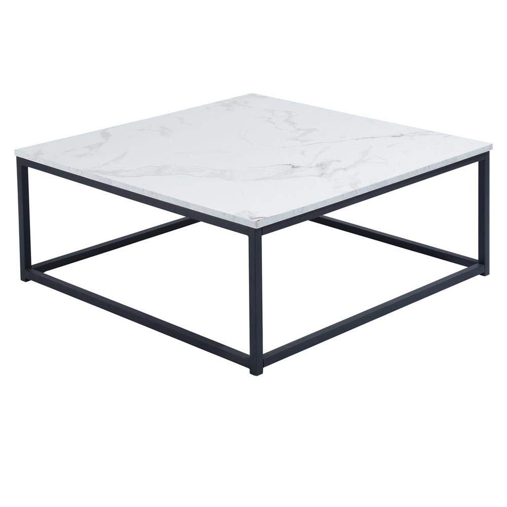 BAKAJI Tavolino Divano Tavolo caffè da Salotto Quadrato Design Moderno Industriale Struttura in Metallo con Piano d'appoggio in Legno MDF Dimensione 80 x 80 x 34 cm (Effetto Marmo)