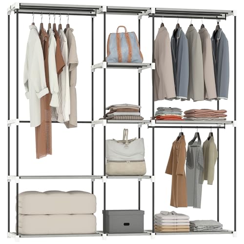 HOMCOM Armario de Ropa, Perchero, 182x43x185 cm, Armario Abierto con 8 Estantes de Tela, Barras para Colgar, Marco de Metal, para Dormitorio, Salón, Vestidor, Gris Claro