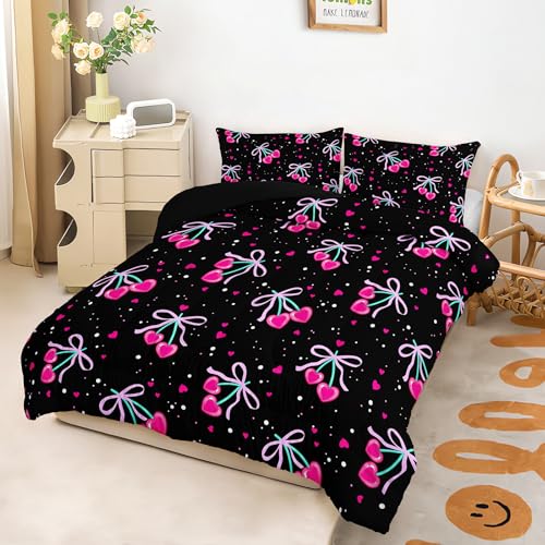 Image of AILONEN Pink Heart Cherry Comforter Full 3 Piece Black Coquette Aesthetic Bedding Set Girly Ribbon Bowknot Quilt Microfiber Y2K Room Decor Lightweight Breathable Pack Includes 2 Pillowcases