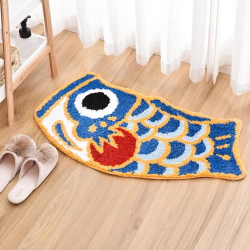 Feblilac Badematte mit niedlichem Fisch, japanische Koi-Flagge, weich, wasserabsorbierend, rutschfest, maschinenwaschbar (blau)