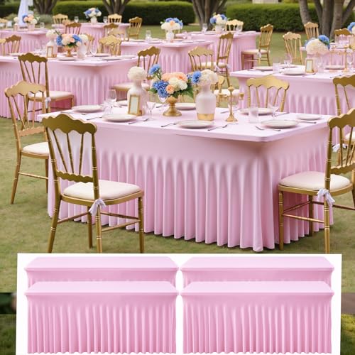 Image of NSSONBEN 4 pk Baby Pink Spandex Tablecloth 6ft with Ruffle Table Skirt, Wrinkle Free Stretchy Fitted Tablecloths for 6 Foot Rectangle Tables, Elastic Spandex Table Covers for Weddings Parties Banquet