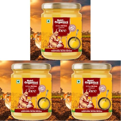 Image of NutriOrganics Pure Desi A2 Cow Ghee 500ml | Bilona Curd Churned | Grass Fed Gir Cows | Glass Jar | Pure Aroma, Natural & Healthy Danedar Ghee| Lab Tested (Pack of 3)