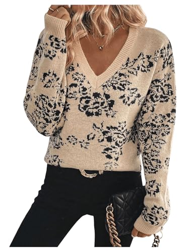 Women's Floral Print V Neck Pullover Tops Drop Shoulder Long Sleeve Knit Sweater