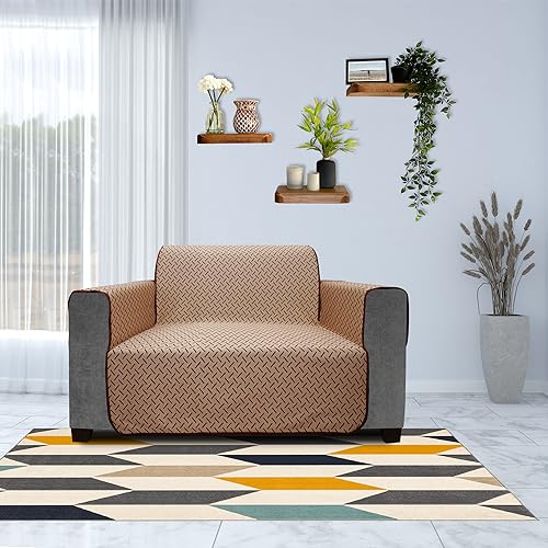 Image of DREAM KING 3 Layers 300 GSM Waterproof Reversible Sofa Cover 2 Seater with Pockets | Dust Protective Soft Fabric Sofa Seat Cover Coffee & Beige