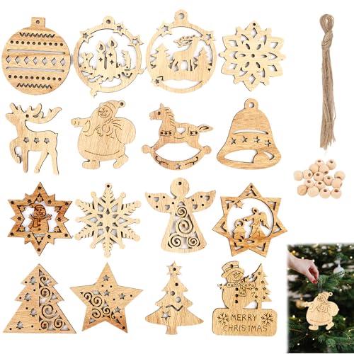 16 Pcs Ornements en Bois pour Arbre de Noël - Décorations Suspendues de Noël en Bois avec Ficelle de Jute - Pendentifs Artisanaux de 7,5 cm pour Embellissement, Halloween et Cadeaux