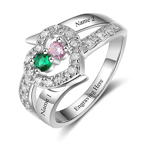 Engraved Engagement Rings for Women Personalized 2 Simulated Birthstones Promise Heart Rings for Lover