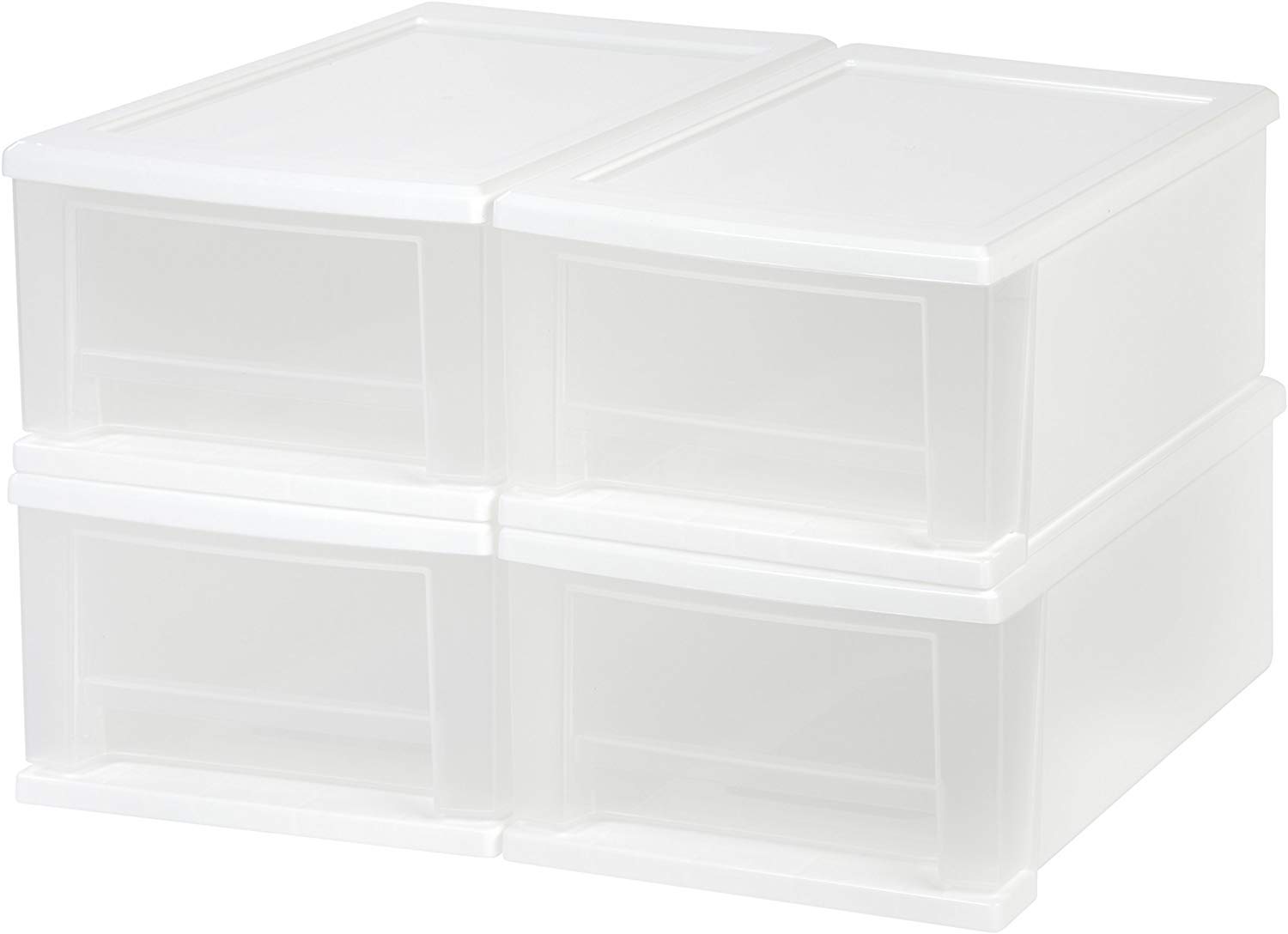 IRIS USA 7 Qt. Plastic Stackable Storage Drawers, Small, 4 Pack, Multi-Purpose Bins for Bedroom, Bathroom, Closet, Craft Room, Garage, Kids Room, Office, Pantry, Under Sink, White
