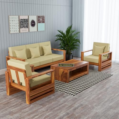 Image of Solid Sheesham Wood 5 Seater Sofa Set (3+1+1) - Elegant Wooden Sofa Set for Living Room Home Decor (Design 7)