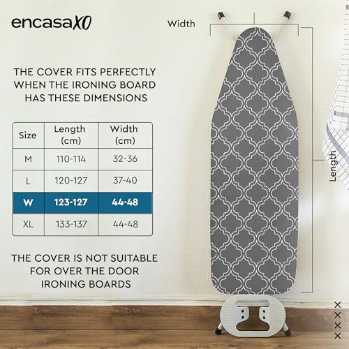 Image of Encasa XO Ironing Board Cover with 3mm Thick Felt Pad for Steam Press (Fits Standard Wide Boards of 125x46 cm) Heat Reflective, Scorch & Stain Resistant, Printed - Grey Tiles