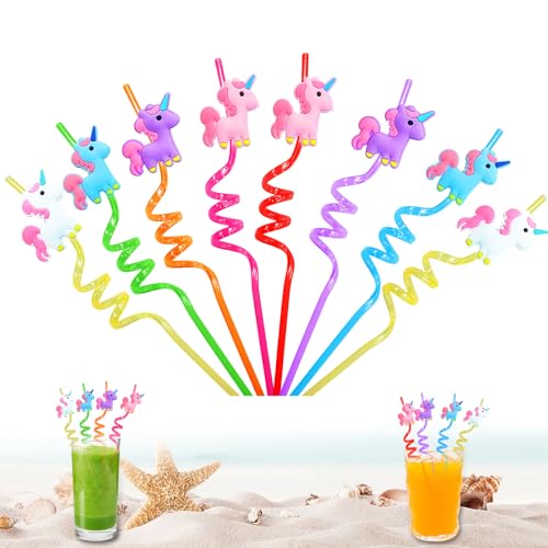 GOCUODE 8 Pièces Pailles Réutilisables Licorne, Avec Brosse de Nettoyage, Pailles Spirales Colorées, pour Anniversaire Enfant Décoration Table (8 pièces...