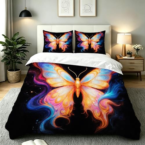 Gumntun Funda Nordica Cama 90-150x200 cm Mariposas de Colores Llamas, Microfibra Muy Suave y Agradable Juego de Ropa de Cama, Transpirable Funda de Edredón con 2 Funda de Almohada 50x75 cm_B19797