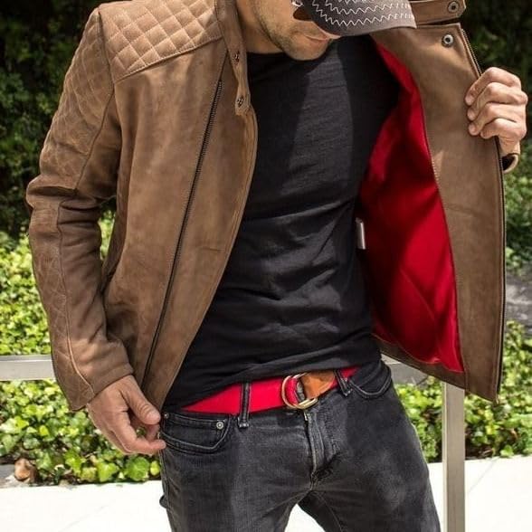 Mens Tan Suede Leather Biker Jacket – Slim Fit Quilted Shoulder Real Lambskin Classic Vintage Style Fashion2