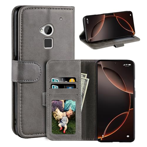 UOGNADGD Leather Flip Cover Compatible with HTC One Max T6 Wallet Case with Card Slots, Magnetic Closure, Stand Function, RFID Shockproof Folio (Gray)
