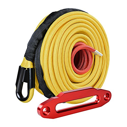 AMOPACORP Yellow 95 feet 3/8 inch Synthetic Winch Rope with All Rock Guard Sheath and Red 10 inch Standard Hawse Fairlead for SUV Pick Up Truck Off-Road