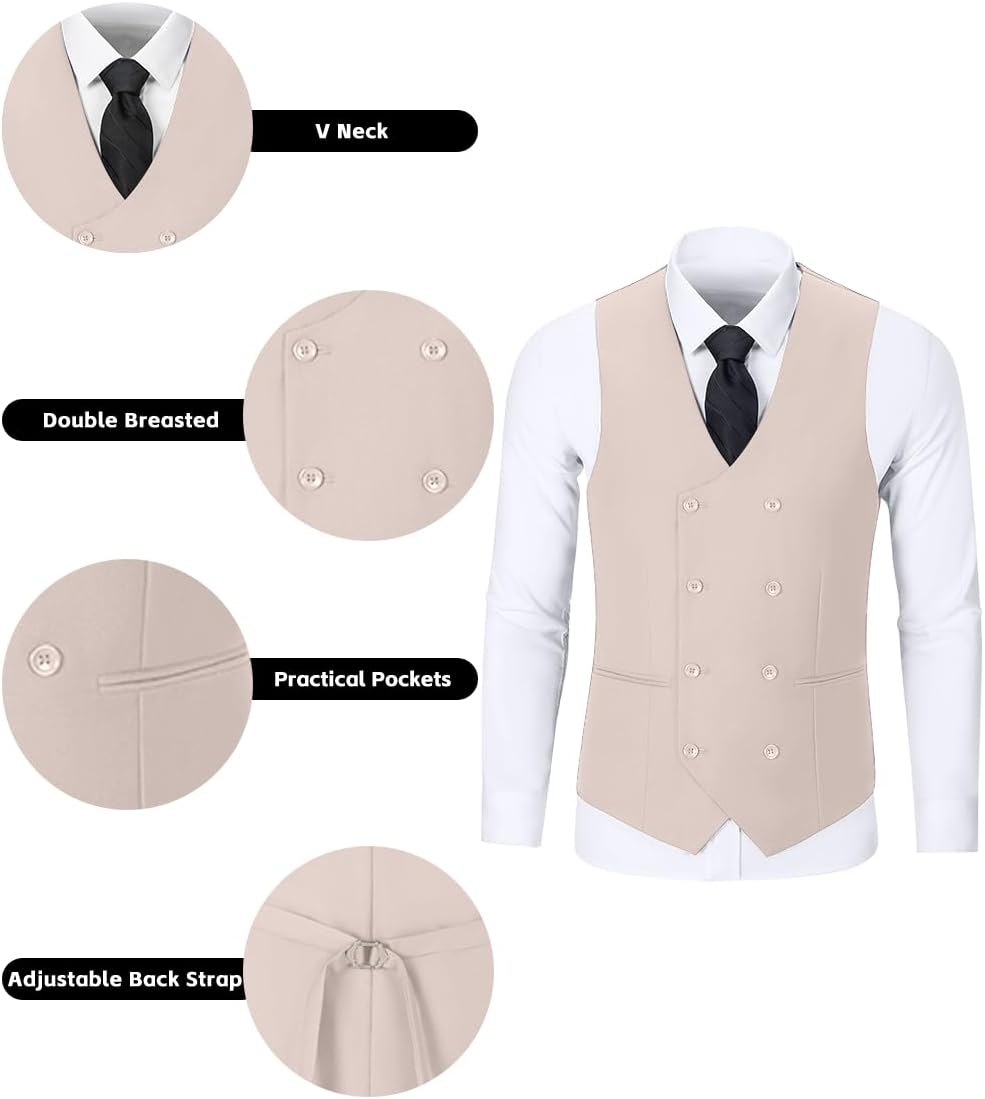 Mens 3 Piece Slim Fit Suit Set, Double Breasted Blazer Vest Pants Business Tuxedo Dress