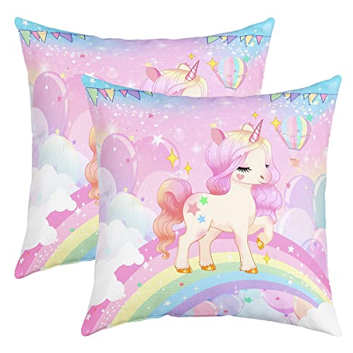 Lot de 2 housses de coussin licorne 40 x 40 cm - Douces - Pour enfants - Cheval - Décoratives - Licorne - Paillettes - Arc-en-ciel - Rose et violet
