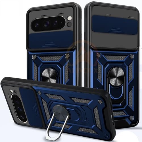 Image of Armor Bumper Back Cover Case for Google Pixel 9 Pro XL Rotating Camera Cover, Ring Holder & Kickstand | Heavy Duty & 360 Degree Protection Google Pixel 9 Pro XL Back Cover (Blue)