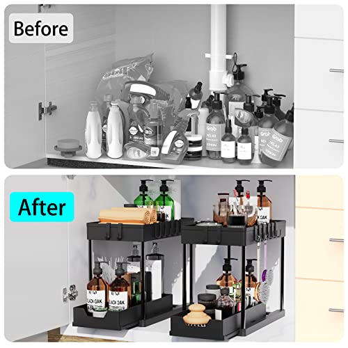 Artzon 2 Pack Under Sink Organizers And Storage, 2-Tier Sliding Cabinet Basket Organizer With Hooks, Multi-Purpose Under Sink Organizers And Storage For Bathroom Kitchen #TOP1