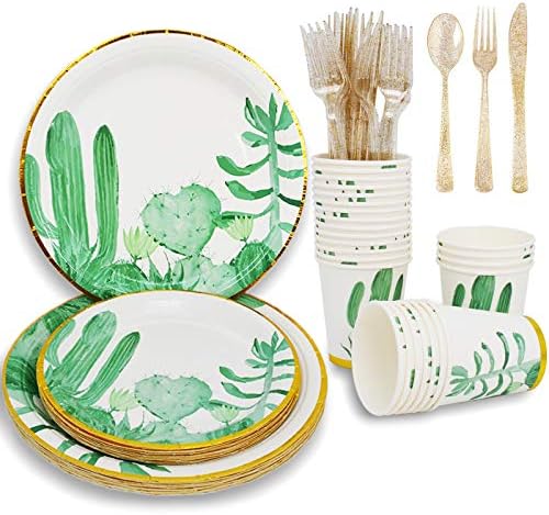 Cactus Party Supplies ,Boho Jungle Theme baby shower Disposable Plates with Paper Plates,Cups,Knife,Fork,Spoon for Wedding Baby Shower Birthday Bridal Shower(24 Guest)