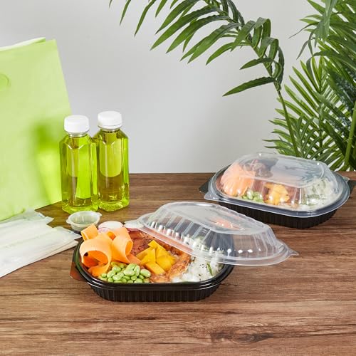 Image of Restaurantware-Chef 101 34 Ounce Meal Prep Containers, 100 Microwavable To Go Containers With Lids - 3 Compartments, Disposable, Black Plastic Oval Food Containers, For Hot And Cold Food, Freezable