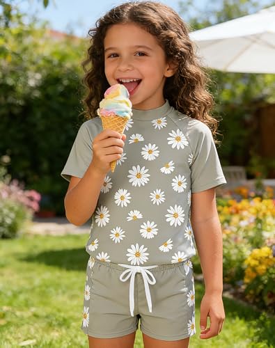 Image of Lovekider Girls Swimsuits Two Piece Rash Guard Set Short Sleeve Bathing Suit Liner Swimwear with Sun Protection 3-12T