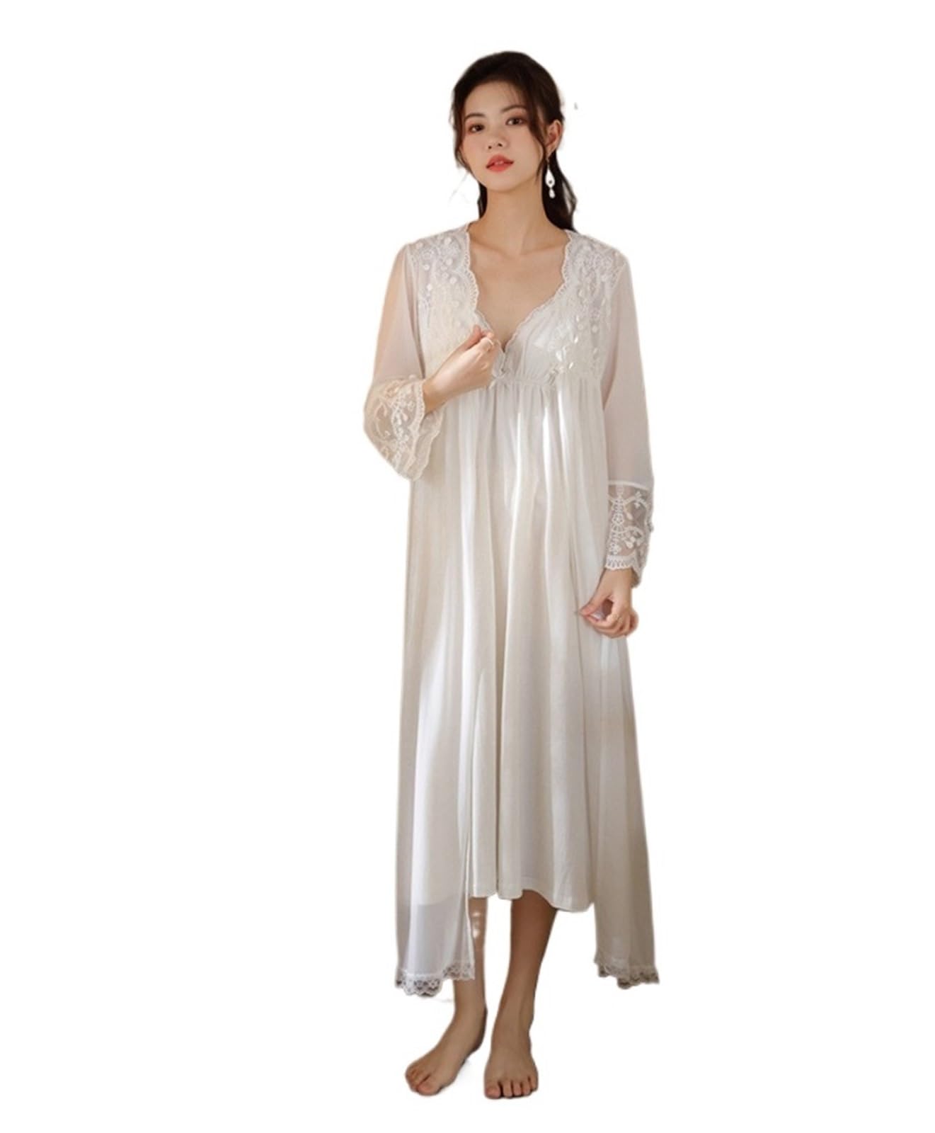 Camicia da Notte Pigiama da Principessa in Rete Set Morbida Camicia da Notte da Donna Abito da Sposa Femminile Pigiama retrò for la casa per Le Donne(White,L(50-57.5kg))