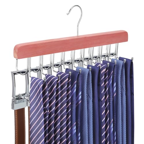 TOPIA HANGER Cedar 2 in 1 Belt Tie Hanger for Closet Max 30 Belts with 30 Ties Capacity, 20 Hooks Belt Tie Racks Hanger for Closet Organizer Storage “U” Fit Belt and “一” Fit Tie - CT53C