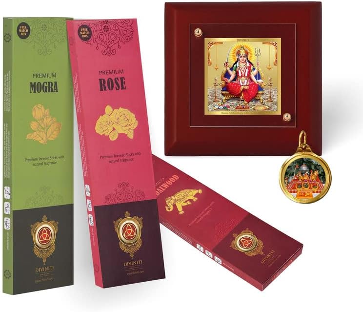 Santoshi Mata MDF 1A Gold Plated Photo Frame, 24K Double sided Gold Plated Pendant 18 MM and 3 Pcs Incense Sticks For Navratri Festival Prayer & Auspicious Occasion (Combo Pack)