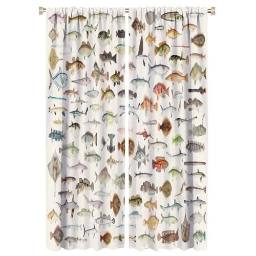 Kurtect Fishing Blackout Curtain Vintage Pictorial Fish Rod Pocket Thermal Insulated Drapes Darkening Window Curtain Cafe Kitchen Dining Room Bedroom Living Room 2 Panels 42x63 in