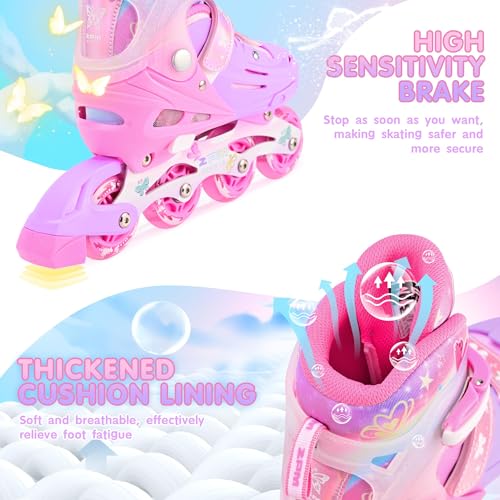 Miniatura 5 de 2pm Sports Patines En Línea Para Niñas De 4 A 14 Años, Patines Ajustables Para Principiantes Juveniles Exterior Tallas 11c 1 2 3 4 5 6 7 8 Rosa Mariposa