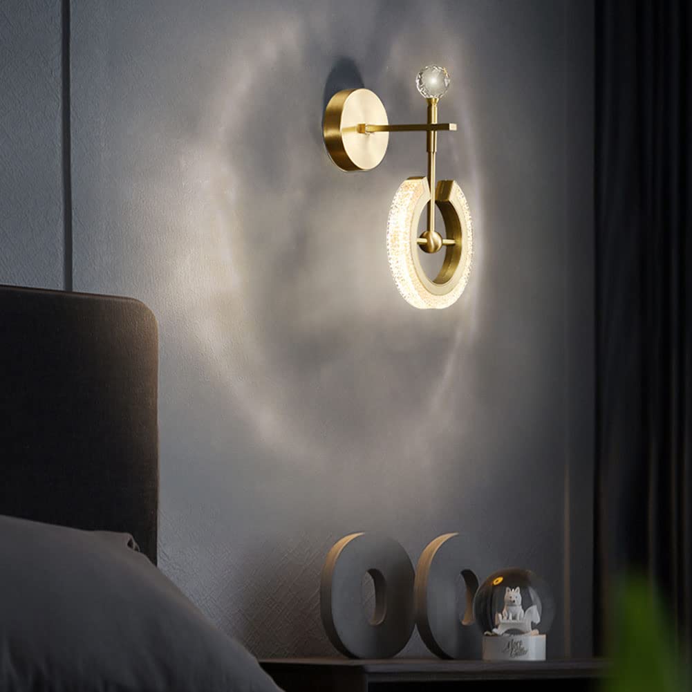 Oświetlenie wewnętrzne LED Ściemnianie 10W 3000K ~ 6000K Szczotkowany Brass Obrotowa Lampa Ścienna Z Kryształowym Kloszem Akrylowy Lampka nocna Sypialnia Disp