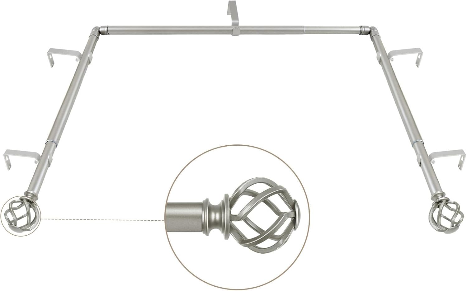 KAMANINA 1 Inch Bay Window Curtain Rods, Telescoping Center Curtain Rod for Bay Windows 36 to 72 Inch, Antique Silver Decorative Side drapery Rods 20 to 36 Inch, Twisted Cage Finials 36-72"(3 sided) Antique Silver