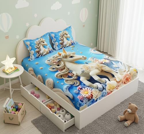 Image of Filymore 7D Bedsheet for Kids Cute Print Super King Size Bedsheet Set for Double Bed with 2 Pillow Covers 300 TC Microfiber Wrinkle Free Size (108x108 Inches)(SkyBlue and White)