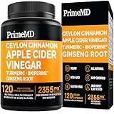 5-in-1 Ceylon Cinnamon with Turmeric Supplements (2355mg) - Cinnamon Capsules with Apple Cider Vinegar and Panax Ginseng - Cinnamon Supplements with Bioperine - (120 Count)