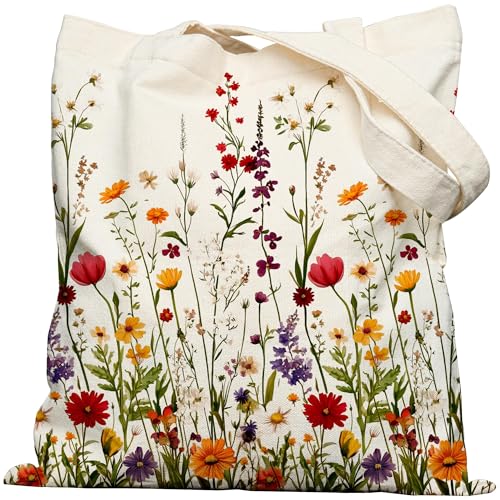 METALPHA Floral Tote Bag for Flower Lover Gifts, Cottagecore Canvas Tote Bag with Snap Closure & Inner Pocket, Cute Canvas Tote for Work Shopping Commutes Travel