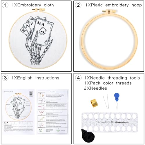 Image of Gothic Tarot Embroidery Kits for Beginners Adults, Halloween Hand Bone Embroidery Starter Kits, Skull Cross Stitch Kits for Beginner Adults Hobbies for Women, Embroidery Fabric, Hoops & Video Tutorial