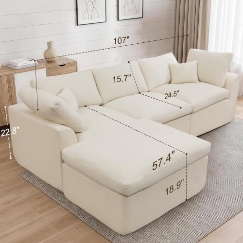 Korser 110" Cloud Sectional Couches for Living Room, Modern Modular Sectional Sofa with Ottoman, Boneless Cloud Couch with Comfy Deep Seats, Fluffy Chenille L-Shape Sofa Couch for Living Room, Beige - Image 3