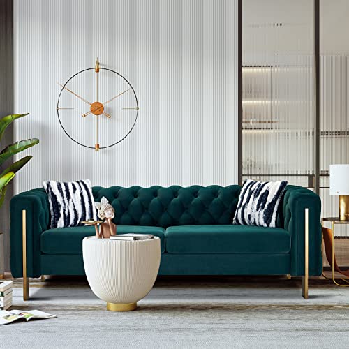 Image of Dolonm Velvet Tufted Sofa for Living Room, 84 inch Mid-Century Modern Couch with 2 Throw Pillows, High Arms & Gold Metal Legs, Luxury Chesterfield Furniture (Green)