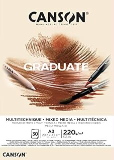 CANSON Graduate Mixed Media 200gsm A3 Paper, Double Sided: Grained And Smooth, Pad Glued Short Side, 30 Natural Sheets, Ideal for Student Artists