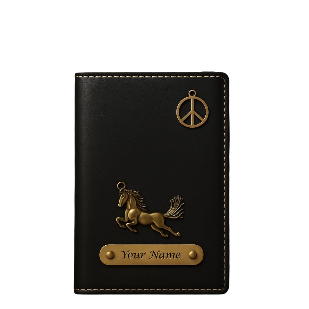 Passport Holder with Ticket Slot, Black Leather, Peace Sign and Horse Design, Personalized Name Plate (Black)-image-14