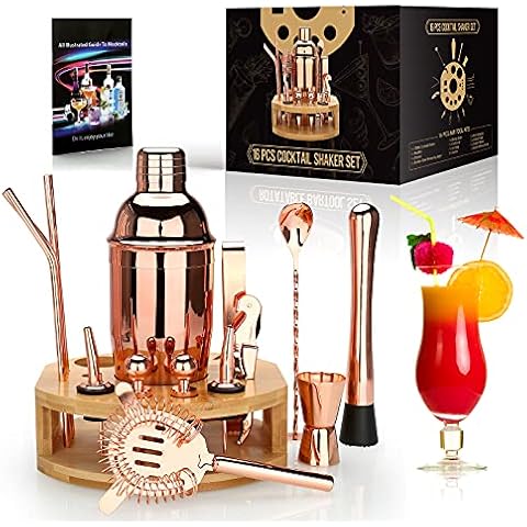 EXREIZST 25 oz Cocktail Shaker Set 16 Pcs Mixology Bartender Kit with Bamboo Stand-Professional Stainless Steel Bartending Kit-Perfect Home Bar Tool Gift Set for Drink Mixing,Rose Gold Cover