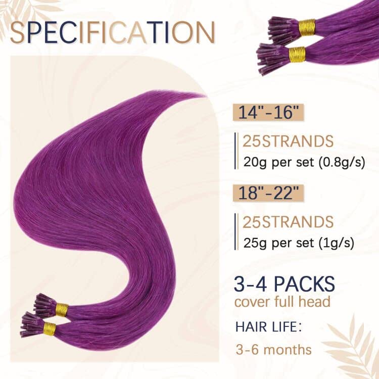 RUNATURE Purple Stick I Tip Hair Extensions Human Hair Purple PreBonded Hair Extensions Keratin I tip Extensions Hair 16 Inch 20Gram - Image 3